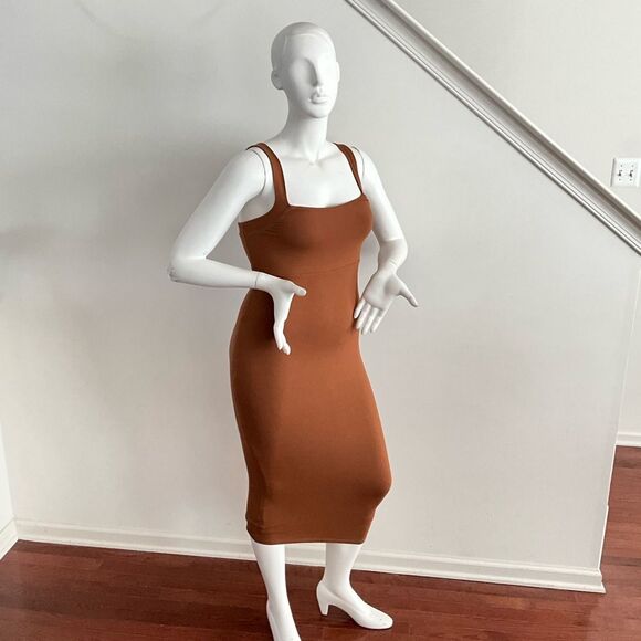 Good American 90’s Tank Dress Midi Brown L Square Neck - Picture 10 of 12